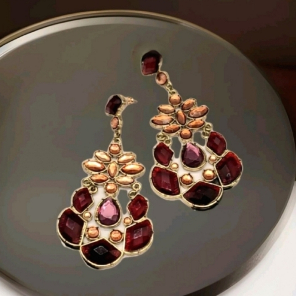 Vintage Exaggerated Red Crystal Gemstone Chandelier Gold Drop Earrings
